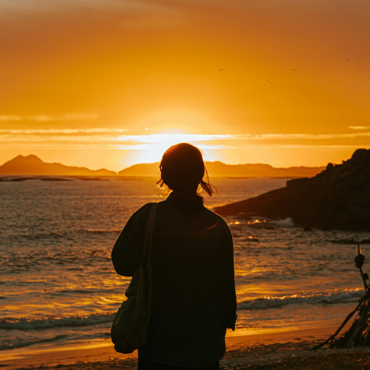 A woman stands on the shore at sunset, silhouetted against a glowing orange sky, looking out over the sea.
